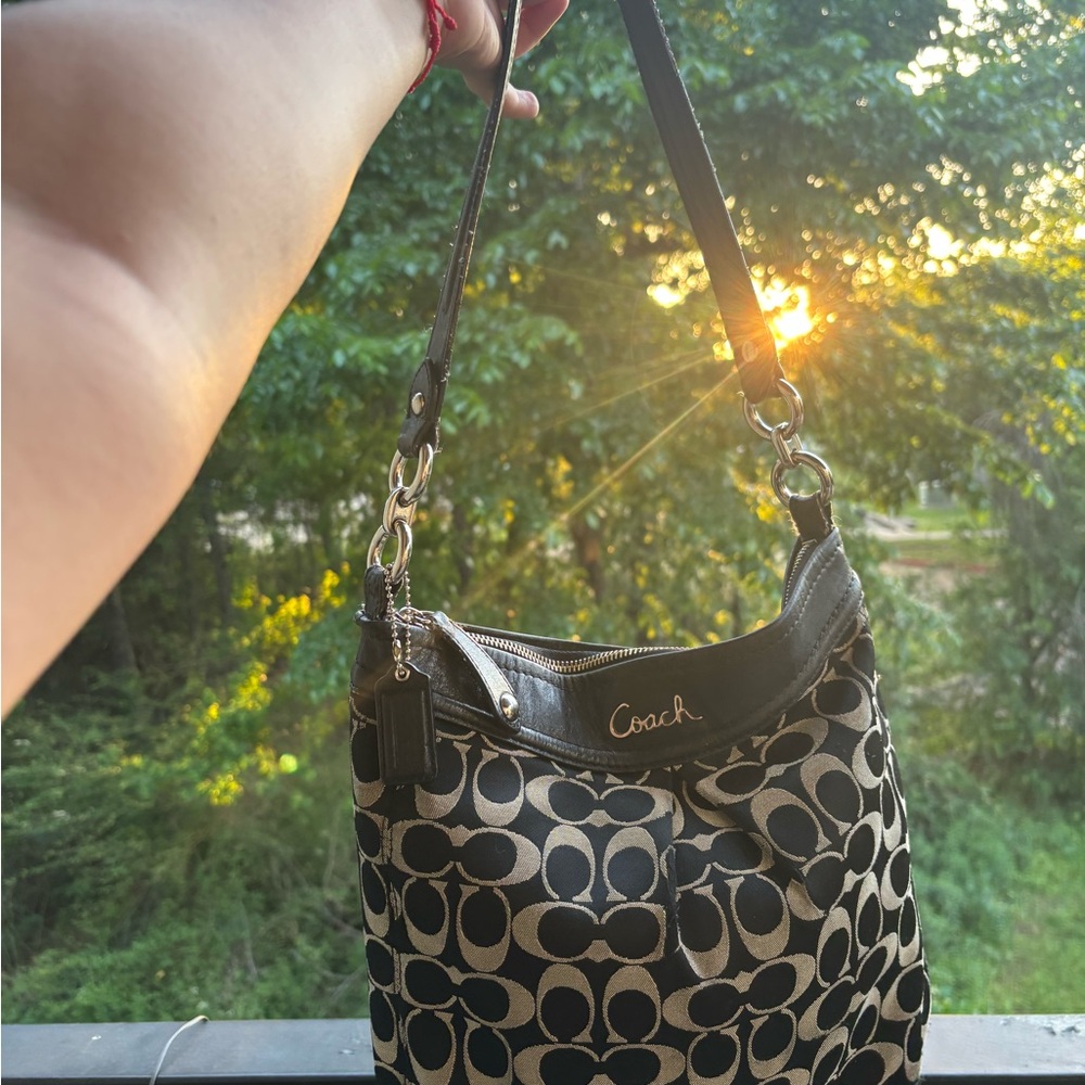 Coach Black and Tan Shoulder Bag with Monogram Design